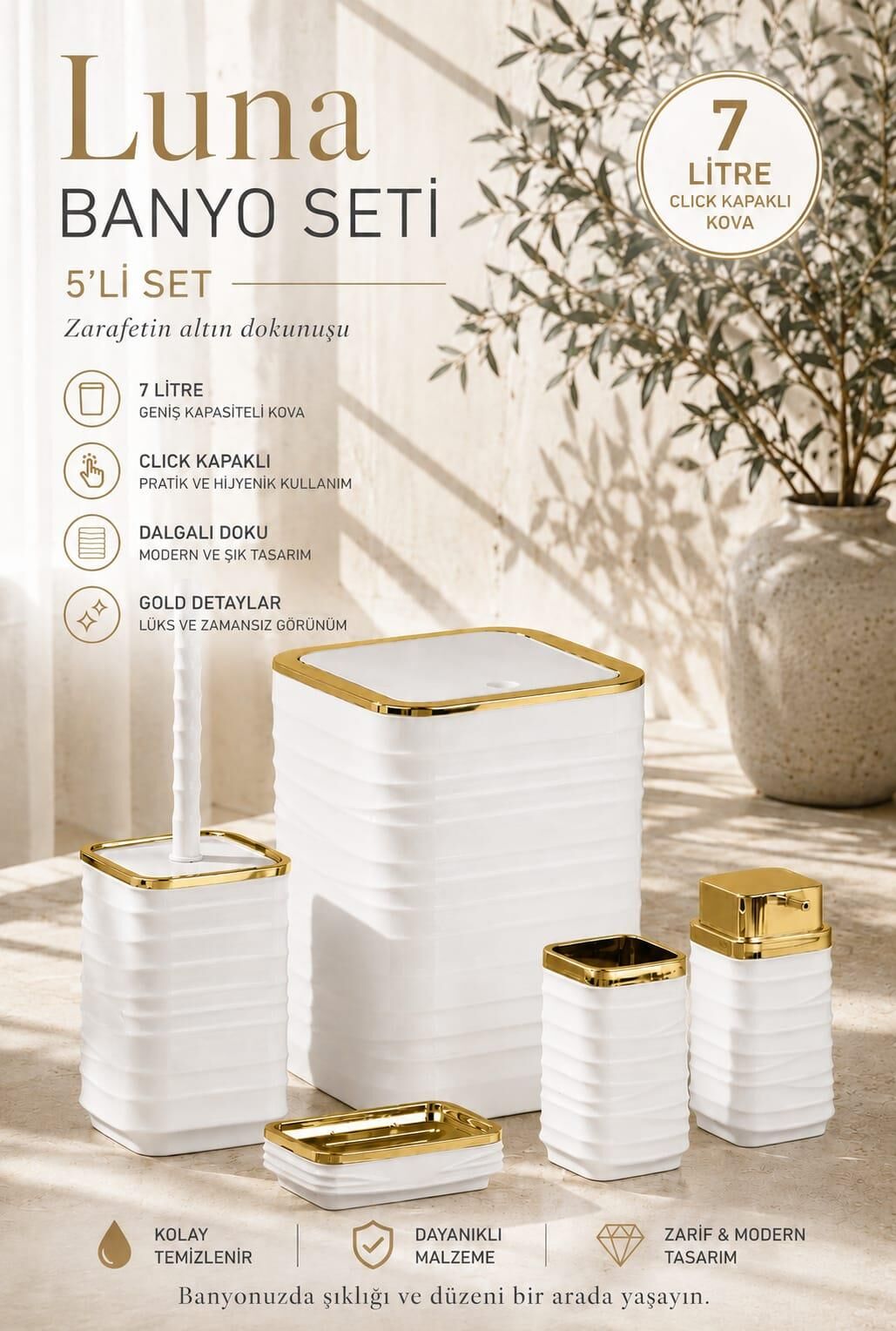 Okyanus Home Luna Gold Serisi Beyaz Kare 5'li Banyo Seti