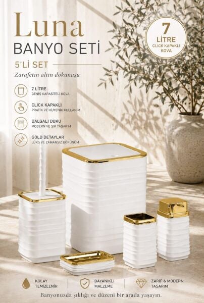 Okyanus Home Luna Gold Serisi Beyaz Kare 5'li Banyo Seti
