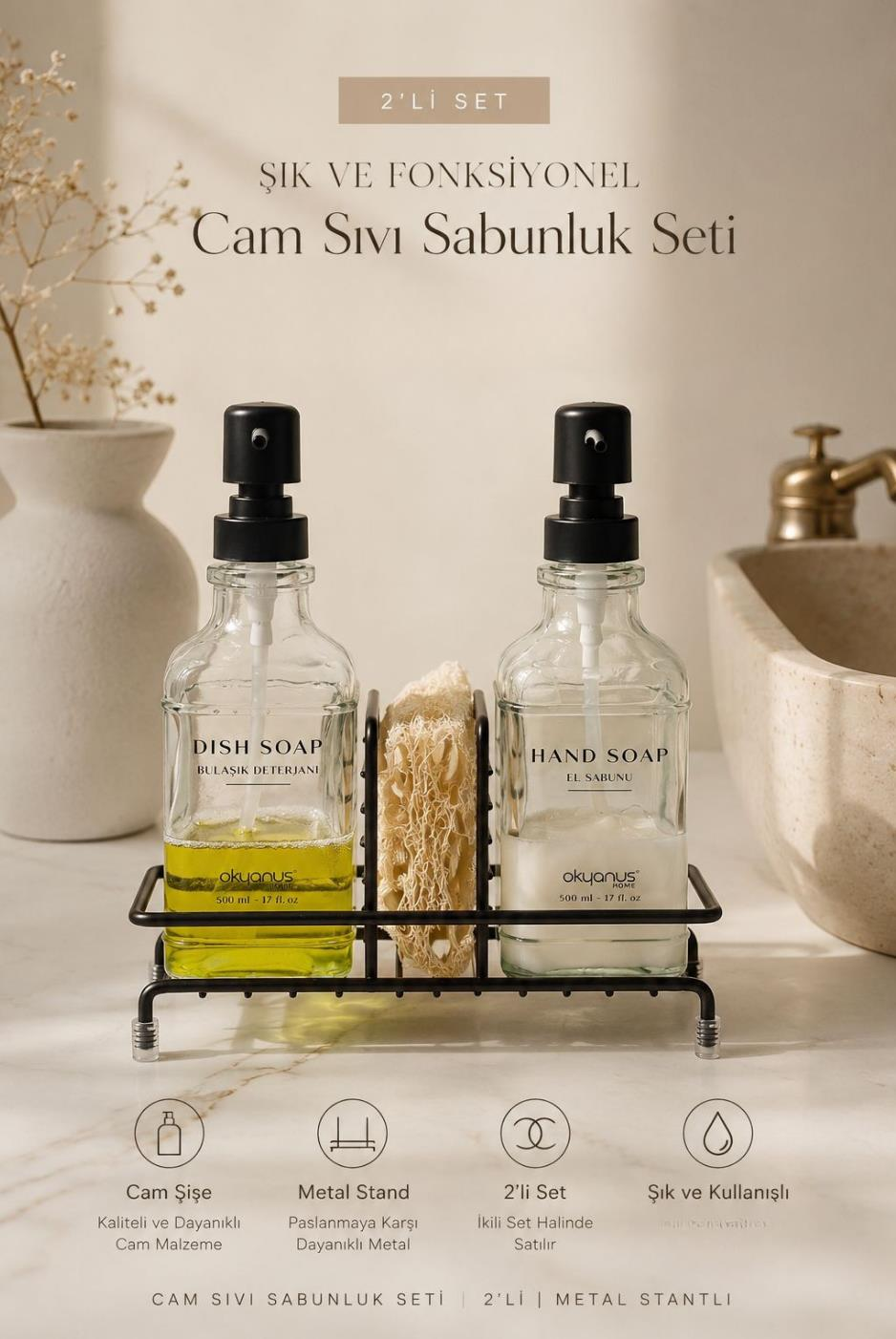 Okyanus Home Siyah Pompalı ve Standlı İkili Kare Cam Sıvı sabunluk 500ml