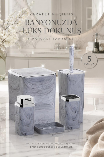 Okyanus Home Kromlu Kare Mermer Desenli 5'li Banyo Seti