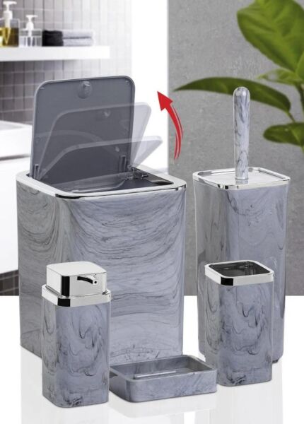 Okyanus Home Kromlu Kare Mermer Desenli 5'li Banyo Seti