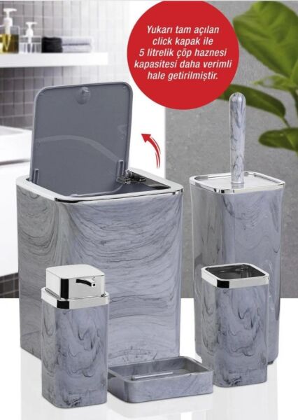 Okyanus Home Kromlu Kare Mermer Desenli 5'li Banyo Seti