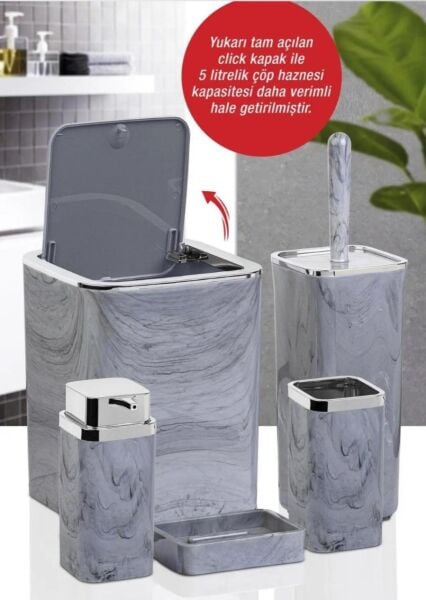 Okyanus Home Kromlu Kare Mermer Desenli 5'li Banyo Seti