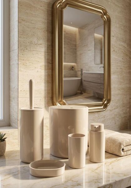 Okyanus Home Bej Yuvarlak 5'li Banyo Seti