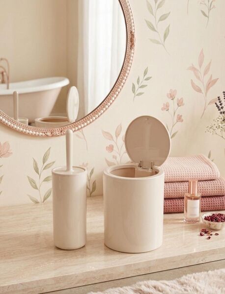 Okyanus Home Bej Click Kapak Yuvarlak 2'li Wc Kova ve Fırça Seti