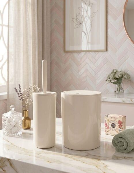 Okyanus Home Bej Click Kapak Yuvarlak 2'li Wc Kova ve Fırça Seti