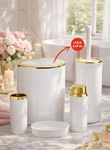 Okyanus Home Gold Serisi Beyaz Yuvarlak 5'li Banyo Seti