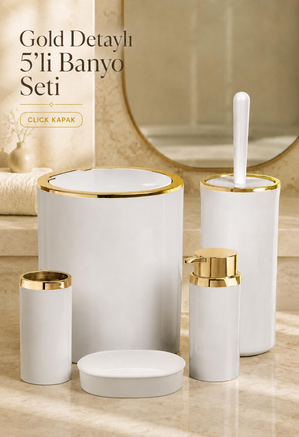 Okyanus Home Gold Serisi Beyaz Yuvarlak 5'li Banyo Seti
