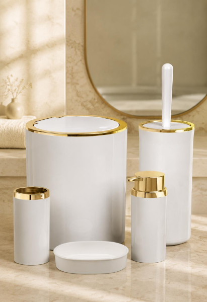 Okyanus Home Gold Serisi Beyaz Yuvarlak 5'li Banyo Seti