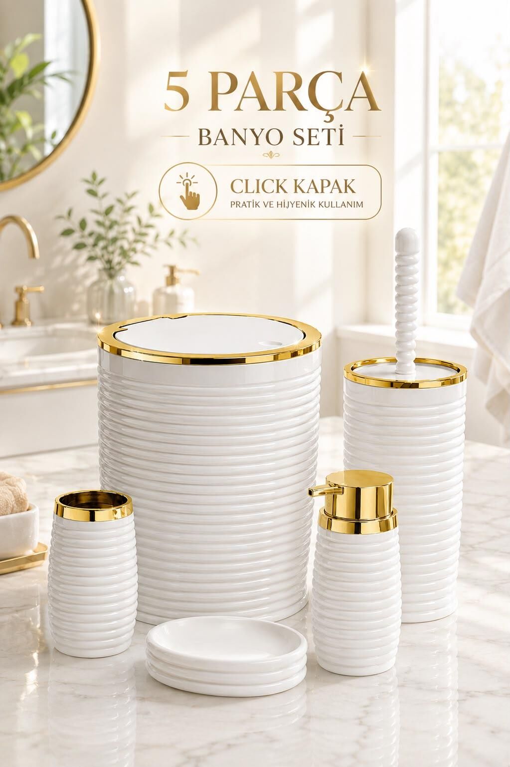 Okyanus Home Beyaz Elegans Gold 5'li Banyo Seti