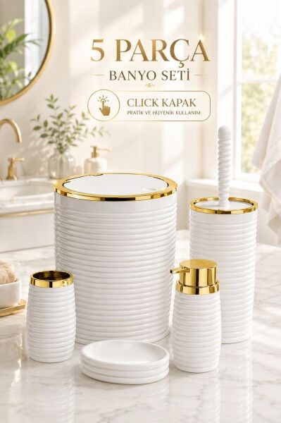 Okyanus Home Beyaz Elegans Gold 5'li Banyo Seti