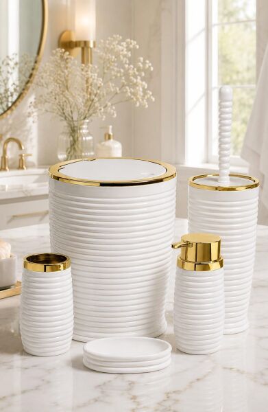 Okyanus Home Beyaz Elegans Gold 5'li Banyo Seti