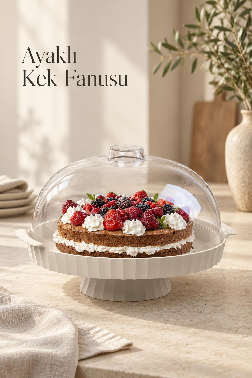 Okyanus Home Coliseum Ayaklı Beyaz Yuvarlak Kek - Pasta Fanusu