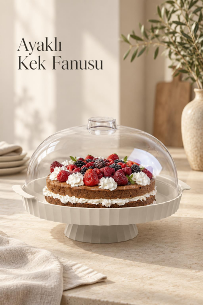 Okyanus Home Coliseum Ayaklı Beyaz Yuvarlak Kek - Pasta Fanusu