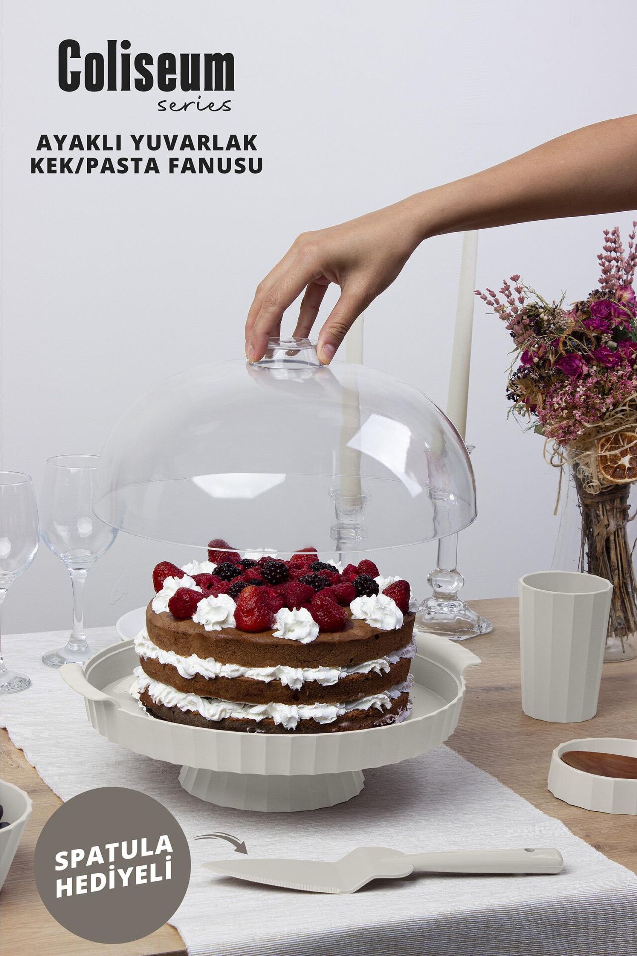 Okyanus Home Coliseum Ayaklı Beyaz Yuvarlak Kek - Pasta Fanusu