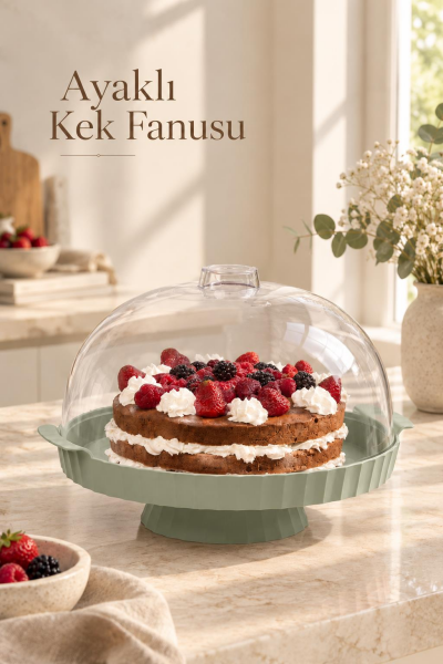 Okyanus Home Coliseum Ayaklı Yeşil Yuvarlak Kek - Pasta Fanusu