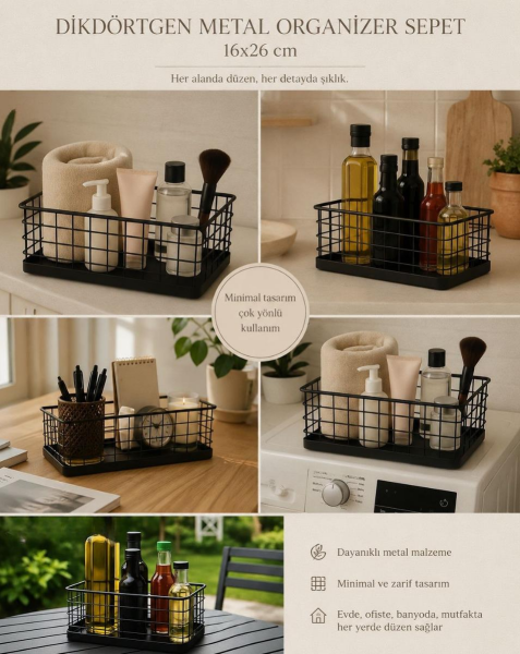 Okyanus Home Dikdörtgen Siyah Metal Organizer Sepet Midi 16x26 Cm