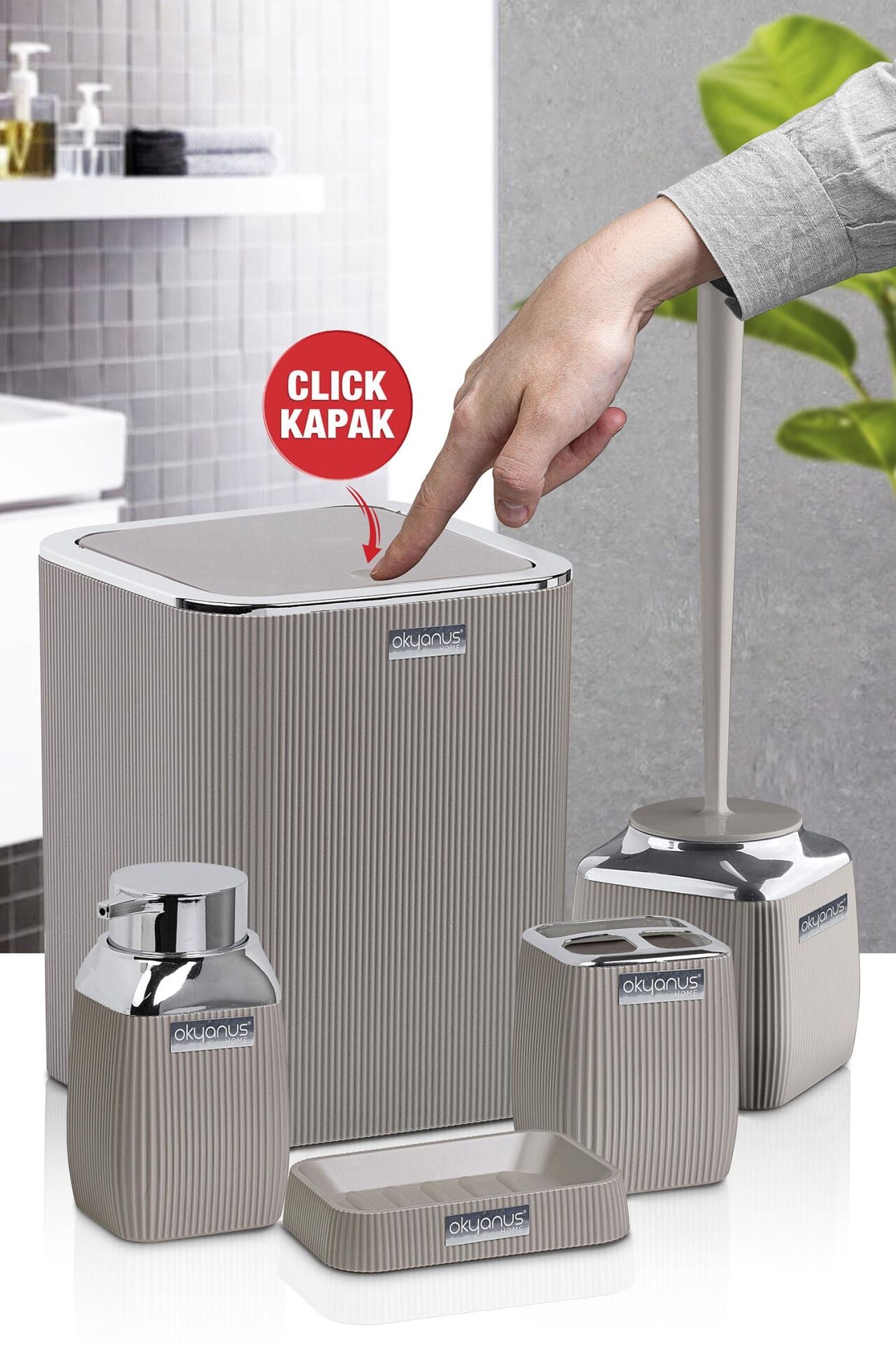 Okyanus Home Vizon Rengi Çizgili Krom 5'li Banyo Seti