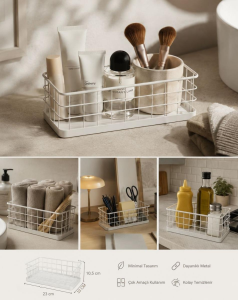 Okyanus Home Dikdörtgen Beyaz Metal Organizer Sepet Mini 13,5x23 Cm