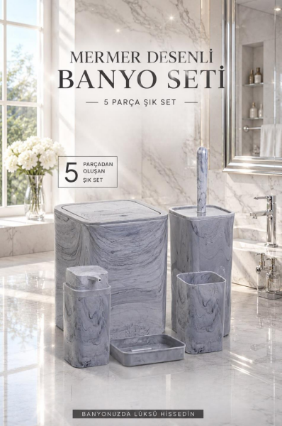 Okyanus Home Kare Mermer Desenli 5'li Banyo Seti