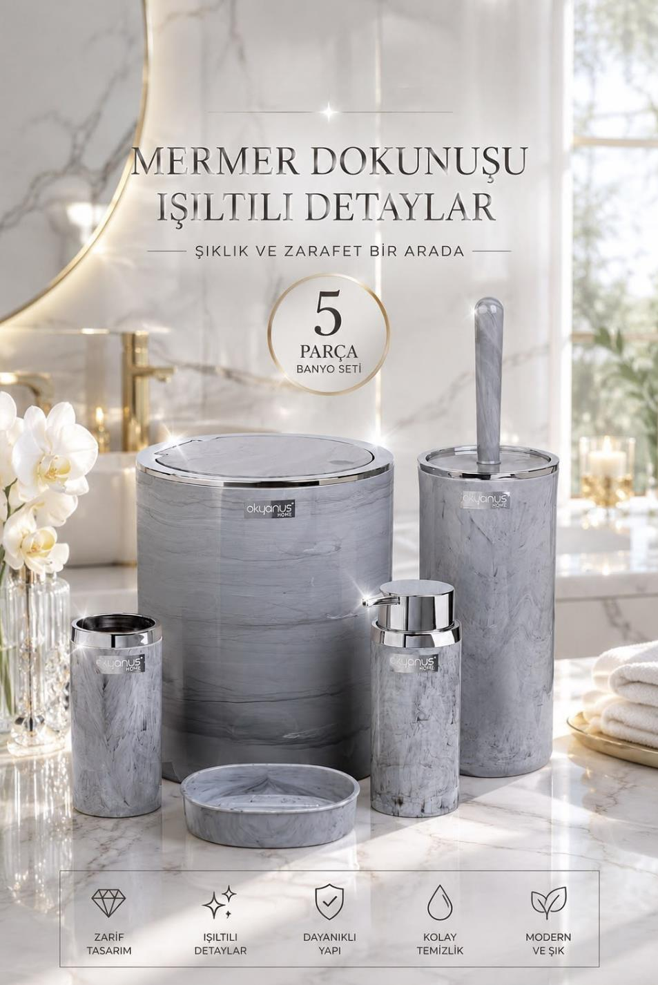 Okyanus Home Kromlu Yuvarlak Mermer Desenli 5'li Banyo Seti