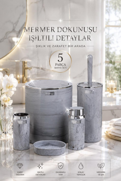 Okyanus Home Kromlu Yuvarlak Mermer Desenli 5'li Banyo Seti