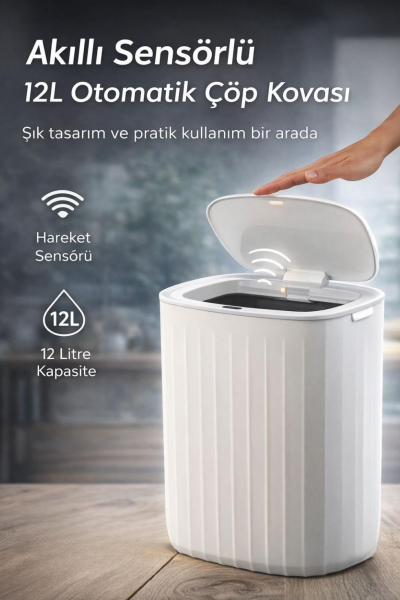 Okyanus Home Hareket Sensörlü 12lt Kırık Beyaz Çöp Kovası