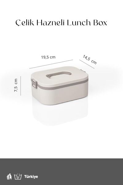 Okyanus Home Paslanmaz Çelik Hazneli Lunch Box Tek Katlı Kendinden Çatal Kaşıklı Beslenme Kutusu Bej