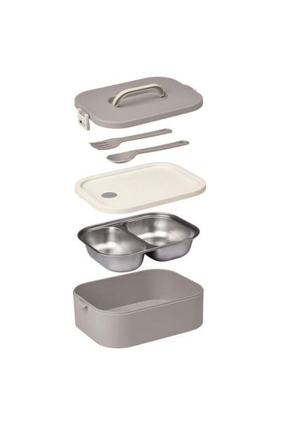 Okyanus Home Paslanmaz Çelik Hazneli Lunch Box Tek Katlı Kendinden Çatal Kaşıklı Beslenme Kutusu Vizon