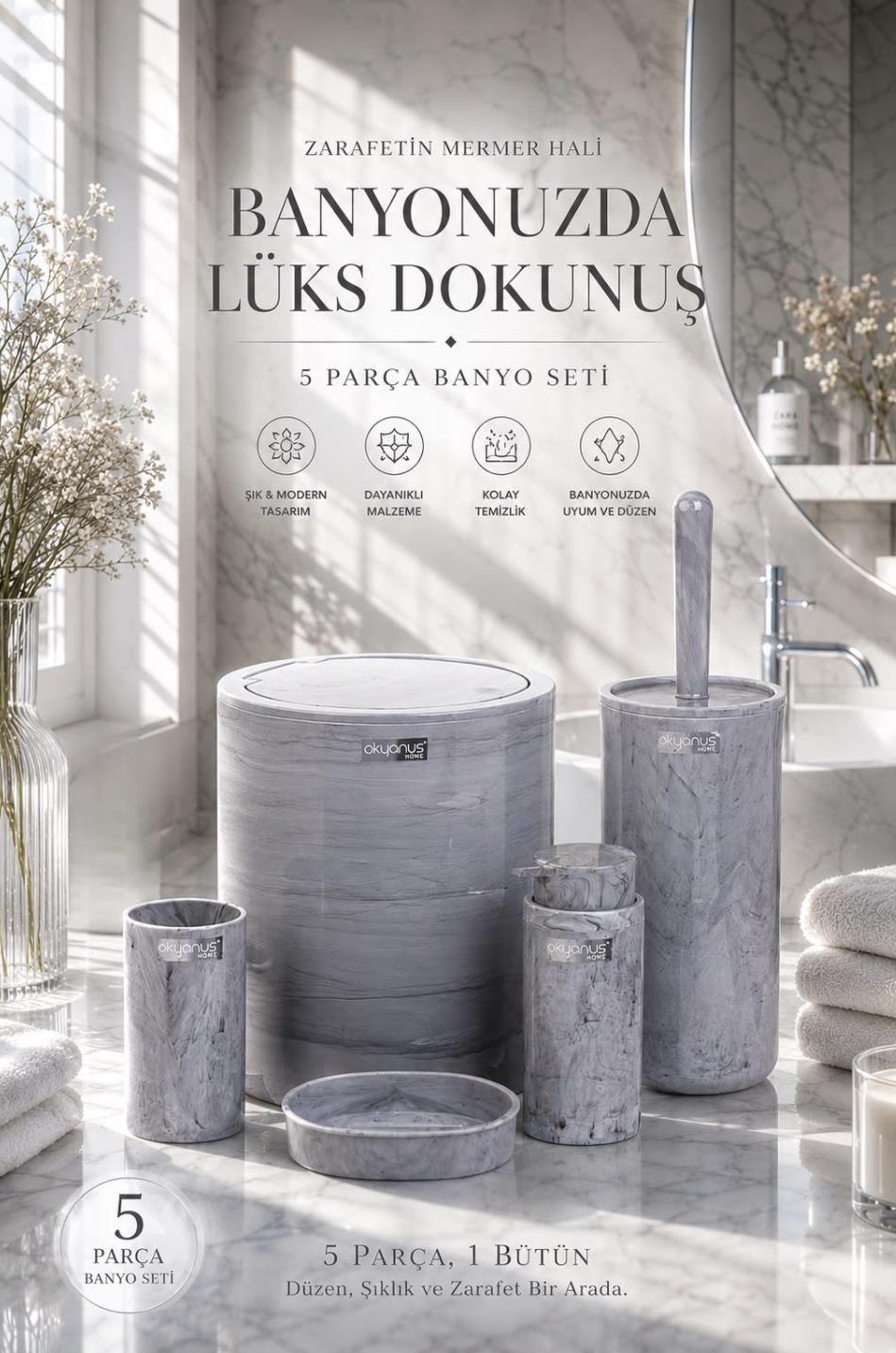 Okyanus Home Yuvarlak Mermer Desenli 5'li Banyo Seti