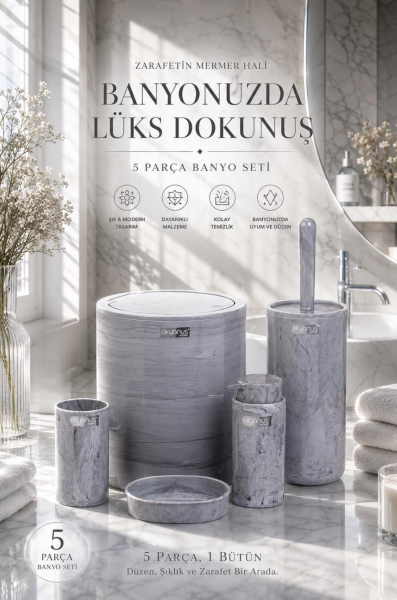Okyanus Home Yuvarlak Mermer Desenli 5'li Banyo Seti