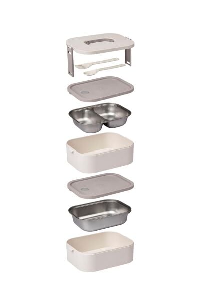 Okyanus Home Paslanmaz Çelik Hazneli Lunch Box 2 Katlı Kendinden Çatal Kaşıklı Beslenme Kutusu Bej