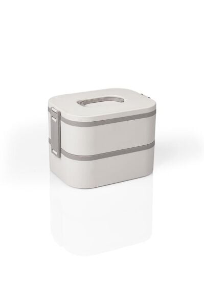 Okyanus Home Paslanmaz Çelik Hazneli Lunch Box 2 Katlı Kendinden Çatal Kaşıklı Beslenme Kutusu Bej