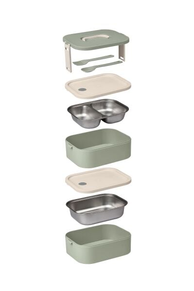 Okyanus Home Paslanmaz Çelik Hazneli Lunch Box 2 Katlı Kendinden Çatal Kaşıklı Beslenme Kutusu Yeşil