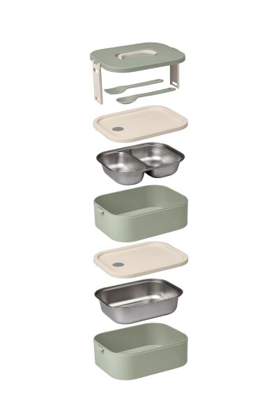 Okyanus Home Paslanmaz Çelik Hazneli Lunch Box 2 Katlı Kendinden Çatal Kaşıklı Beslenme Kutusu Yeşil