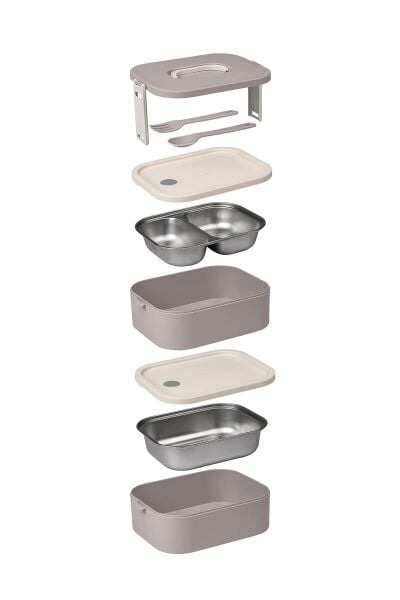 Okyanus Home Paslanmaz Çelik Hazneli Lunch Box 2 Katlı Kendinden Çatal Kaşıklı Beslenme Kutusu Vizon