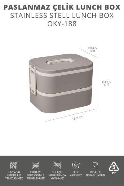 Okyanus Home Paslanmaz Çelik Hazneli Lunch Box 2 Katlı Kendinden Çatal Kaşıklı Beslenme Kutusu Vizon