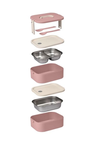 Okyanus Home Paslanmaz Çelik Hazneli Lunch Box 2 Katlı Kendinden Çatal Kaşıklı Beslenme Kutusu Pembe