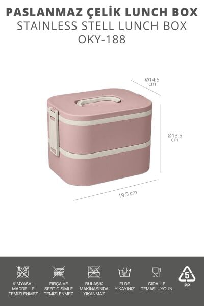 Okyanus Home Paslanmaz Çelik Hazneli Lunch Box 2 Katlı Kendinden Çatal Kaşıklı Beslenme Kutusu Pembe