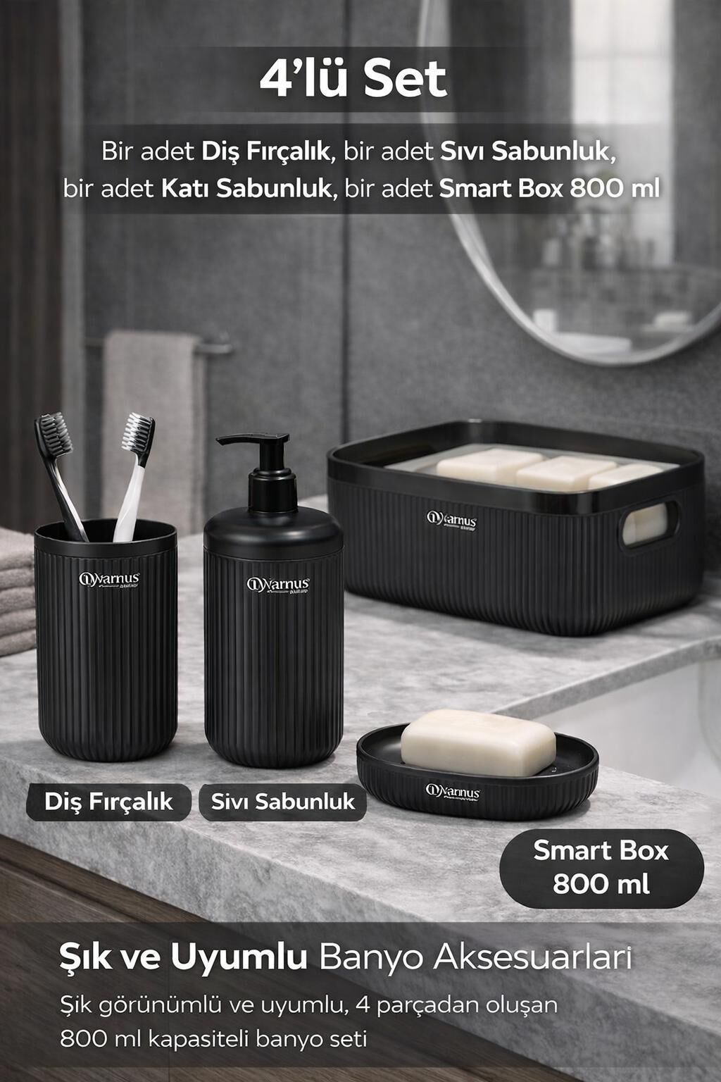 Okyanus Home Linea Box 4'lü Banyo Seti - Siyah