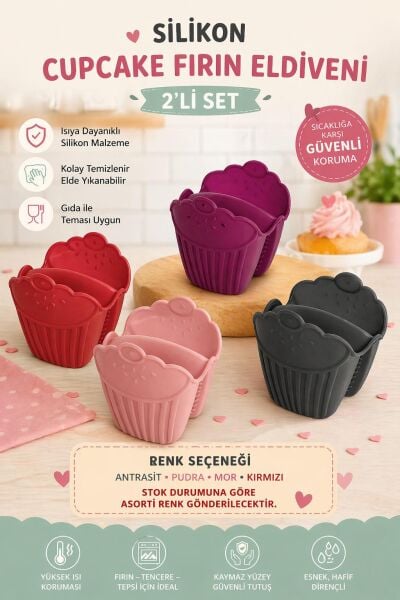 Okyanus Home Silikon Cupcake Isı Yalıtımlı 2'li Fırın Eldiveni