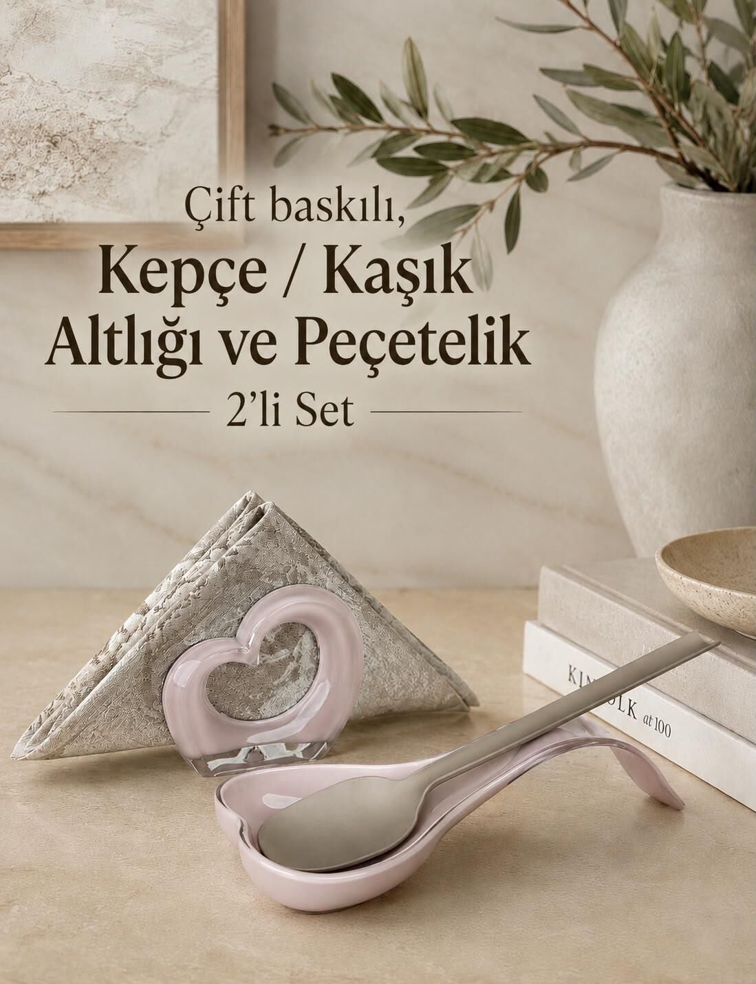 Okyanus Home Çift Baskı Kepçe Kaşık Altlığı ve Peçetelik Pembe