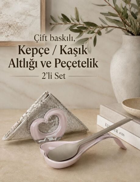 Okyanus Home Çift Baskı Kepçe Kaşık Altlığı ve Peçetelik Pembe