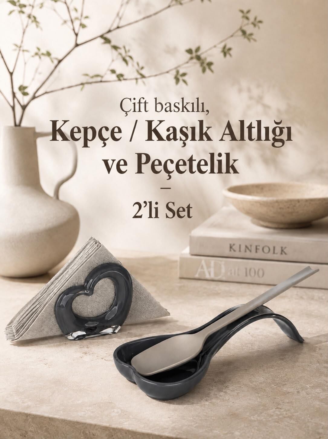 Okyanus Home Çift Baskı Kepçe Kaşık Altlığı ve Peçetelik Antrasit