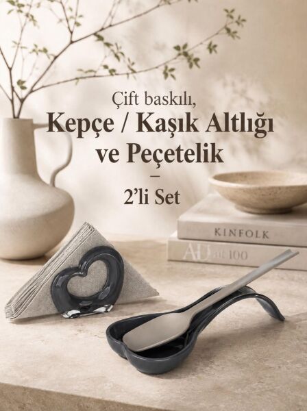 Okyanus Home Çift Baskı Kepçe Kaşık Altlığı ve Peçetelik Antrasit