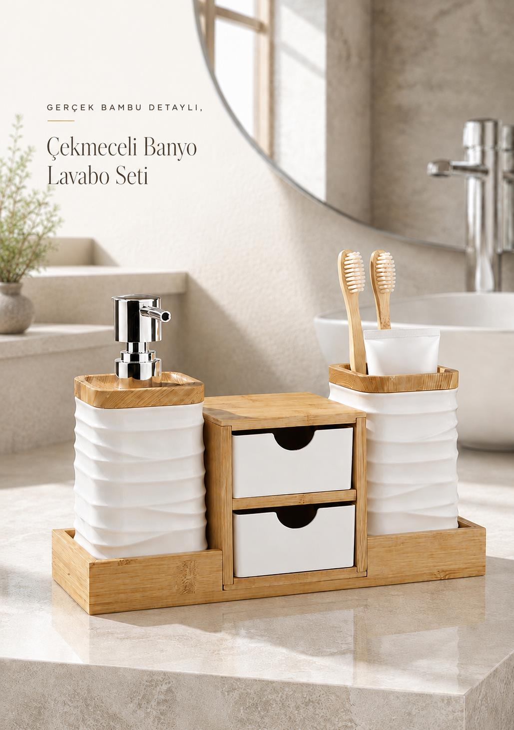 Okyanus Home Beyaz Bambu Çekmeceli Sıvı Sabunluk Ve Diş Fırçalıklı Banyo Organizeri