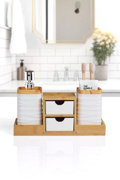 Okyanus Home Beyaz Bambu Çekmeceli Sıvı Sabunluk Ve Diş Fırçalıklı Banyo Organizeri