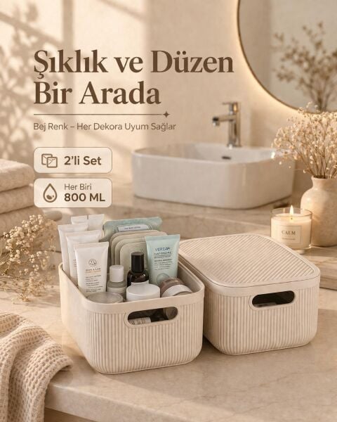 Okyanus Home Linea Smart Box Bej 2,4 Lt 2 Adet Kapaklı Çok Amaçlı Saklama Kutusu