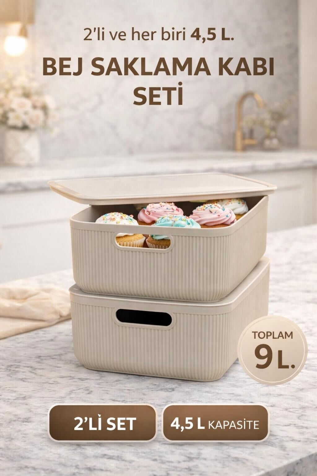 Okyanus Home Linea Smart Box Bej 4,5 Lt 2 Adet Kapaklı Çok Amaçlı Saklama Kutusu
