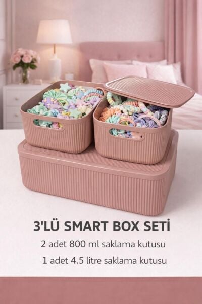 Okyanus Home Linea Smart Box Pembe 3lü Set 1 Adet 4,5 Lt 2 Adet 2,4 Lt Kapaklı Çok Amaçlı Saklama Kutusu